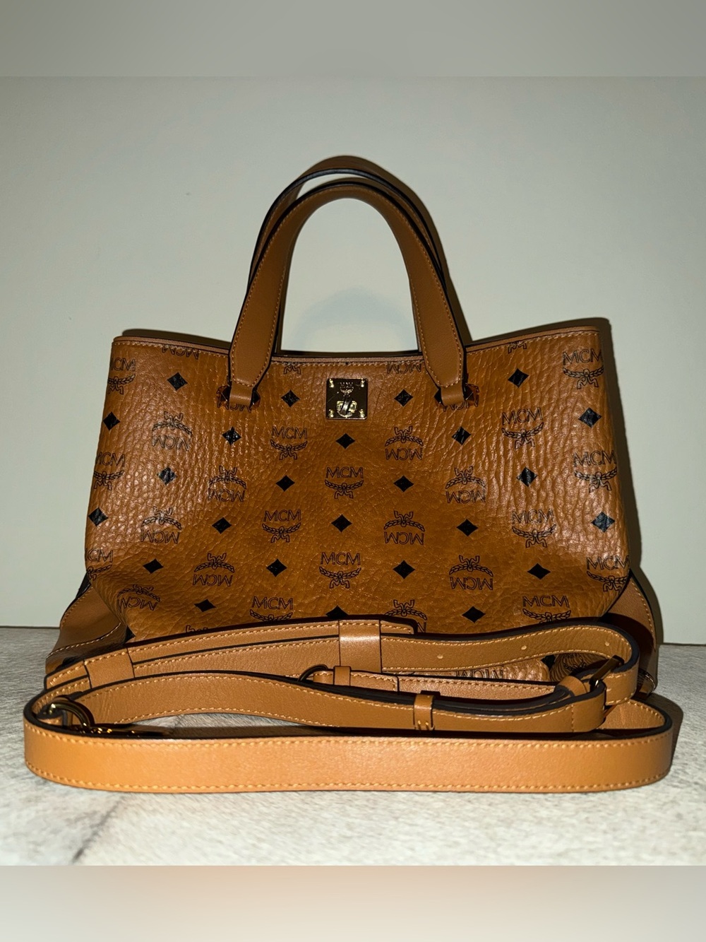 MCM Cognac Visetos Large Tote with Removable Strap